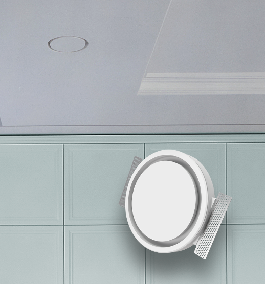 Technical view of an ERGOVENT RONDO 160 gypsum air diffuser showing the frameless mounting wings and circular ceiling finish.