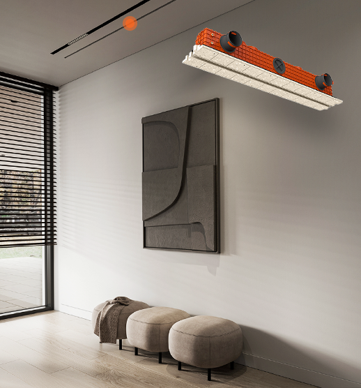 ERGOVENT LINEO PRO linear slot diffuser with orange "Puzzle" connection system shown against a minimalist interior wall with modern art.