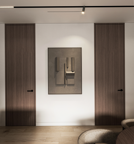 Modern interior ceiling with a flush-mounted linear air diffuser integrated as a slim hidden ventilation slot.