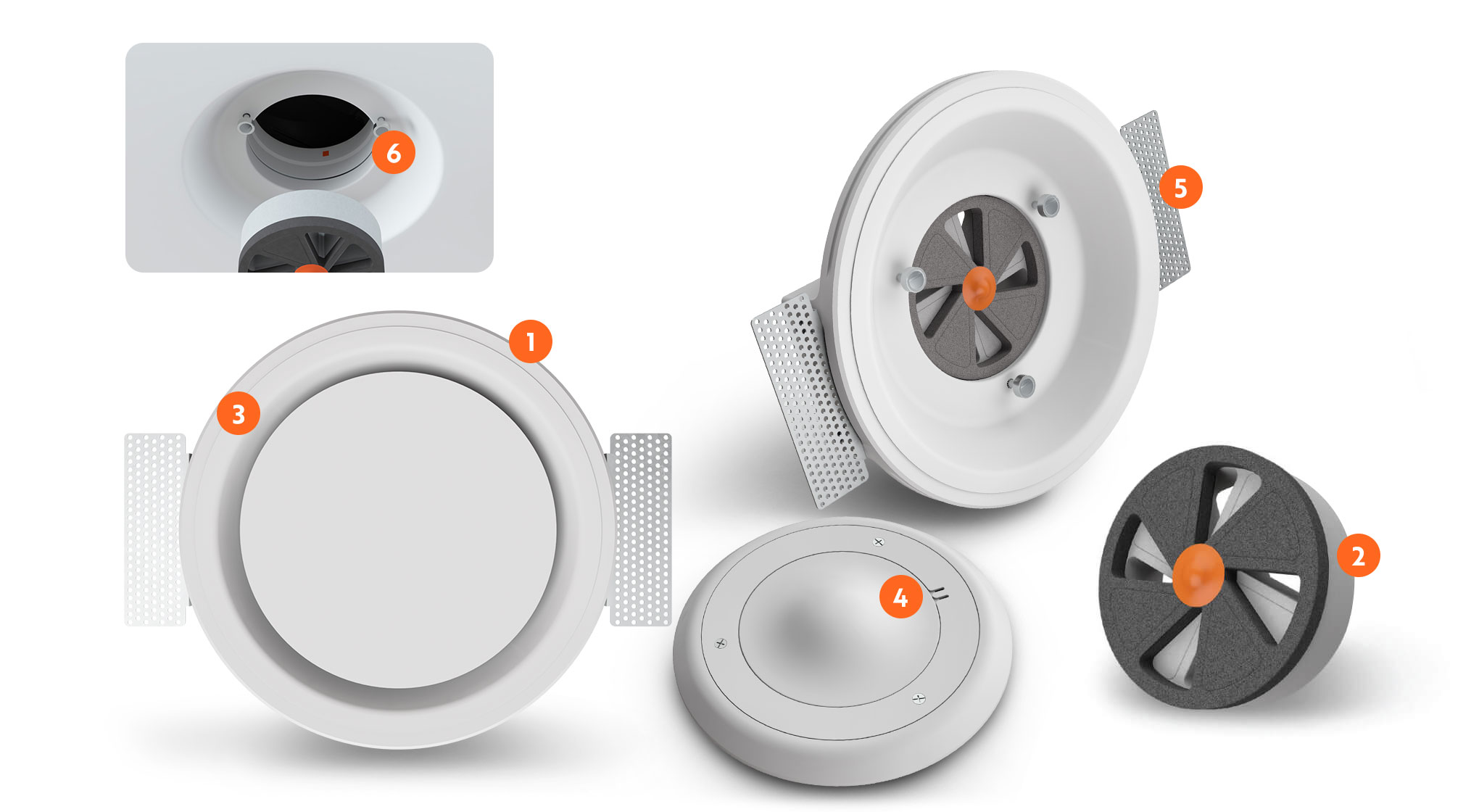 Technical breakdown of the ERGOVENT RONDO COANDA flush-mount gypsum air diffuser showing its main body, protective armored cap, balancing damper, and mounting brackets.