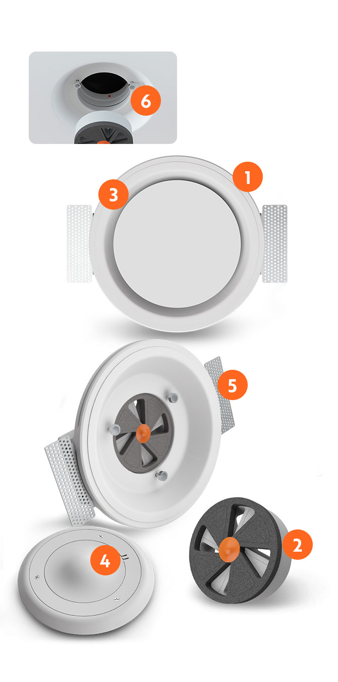 Technical breakdown of the ERGOVENT RONDO COANDA flush-mount gypsum air diffuser showing its main body, protective armored cap, balancing damper, and mounting brackets.