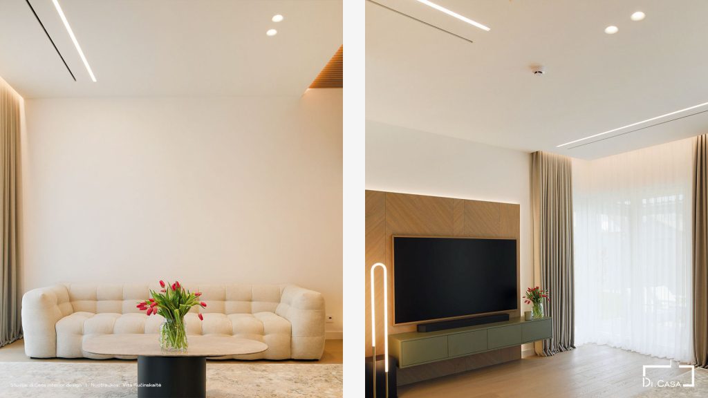 Living, dining and TV areas with integrated ERGOVENT diffusers and linear lighting