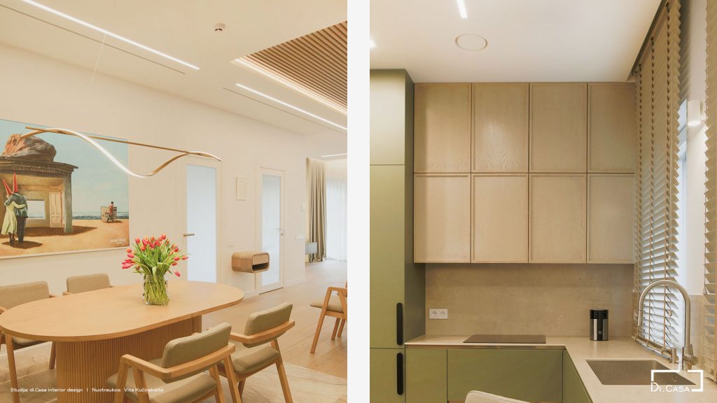 Dining and kitchen area with ERGOVENT linear slot diffusers integrated into the ceiling