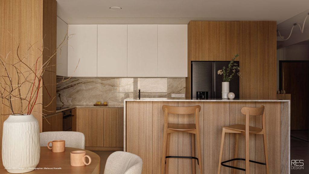 Warm minimalist apartment in Warsaw by RES Design with ERGOVENT RONDO ceiling diffusers